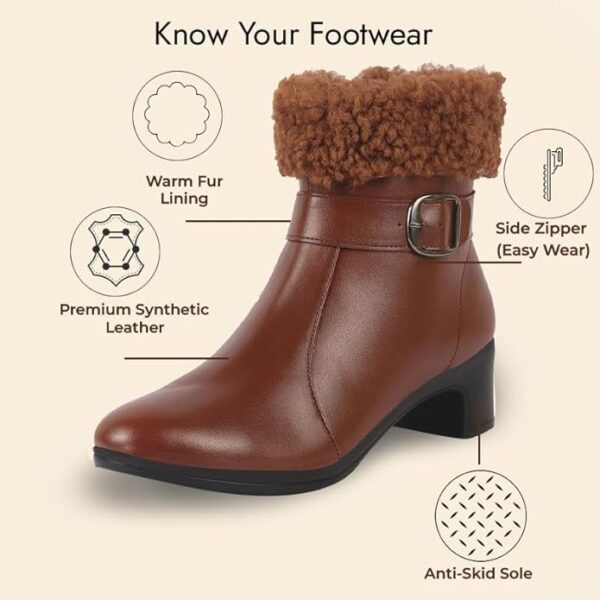 FAUSTO Women Flared Heel High Ankle Classic Winter Buckle Strap Side Zipper Fur Boots
