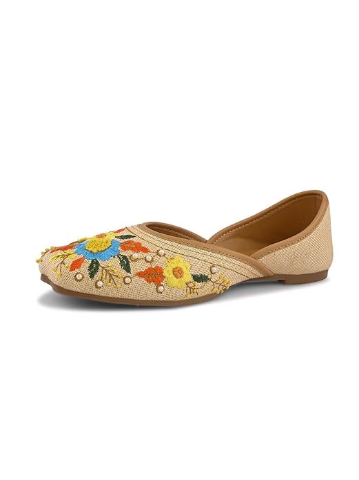 XE Looks Women’s Embroidered Ethnic Slip-On Flats with Floral Threadwork and Pearl Detailing