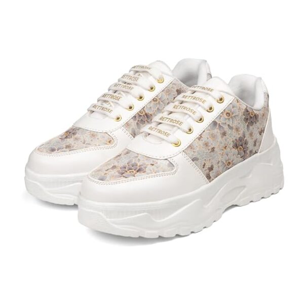 The Florence Glow Luxury Embellished Casual Sneaker, White Floral Pattern, Platform Chunky Sole, Women's Fashion Trainers