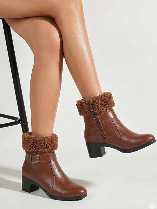 FAUSTO Women Flared Heel High Ankle Classic Winter Buckle Strap Side Zipper Fur Boots