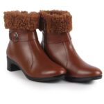 FAUSTO Women Flared Heel High Ankle Classic Winter Buckle Strap Side Zipper Fur Boots