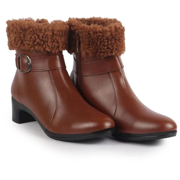 FAUSTO Women Flared Heel High Ankle Classic Winter Buckle Strap Side Zipper Fur Boots