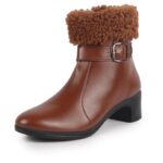 FAUSTO Women Flared Heel High Ankle Classic Winter Buckle Strap Side Zipper Fur Boots