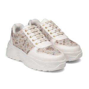 The Florence Glow Luxury Embellished Casual Sneaker, White Floral Pattern, Platform Chunky Sole, Women's Fashion Trainers