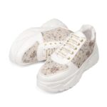 The Florence Glow Luxury Embellished Casual Sneaker, White Floral Pattern, Platform Chunky Sole, Women's Fashion Trainers