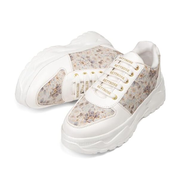 The Florence Glow Luxury Embellished Casual Sneaker, White Floral Pattern, Platform Chunky Sole, Women's Fashion Trainers