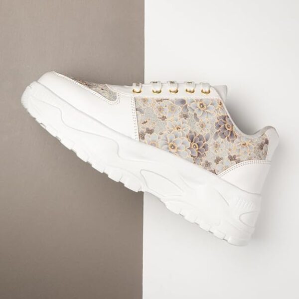 The Florence Glow Luxury Embellished Casual Sneaker, White Floral Pattern, Platform Chunky Sole, Women's Fashion Trainers