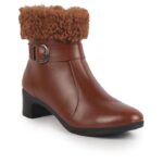 FAUSTO Women Flared Heel High Ankle Classic Winter Buckle Strap Side Zipper Fur Boots