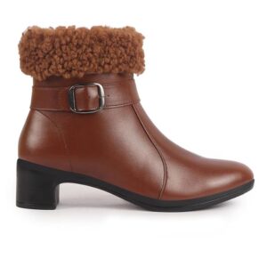 FAUSTO Women Flared Heel High Ankle Classic Winter Buckle Strap Side Zipper Fur Boots