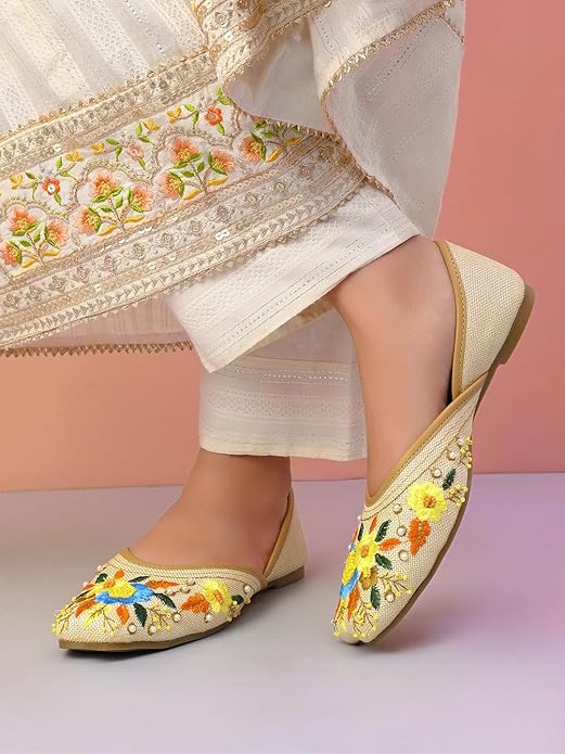 XE Looks Women’s Embroidered Ethnic Slip-On Flats with Floral Threadwork and Pearl Detailing