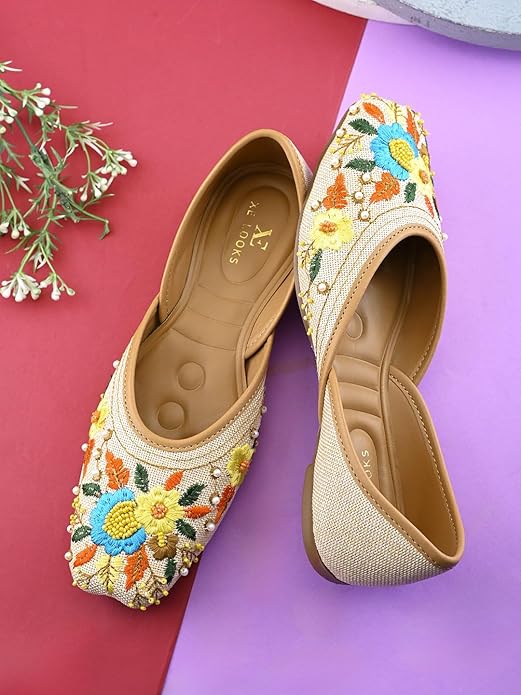 XE Looks Women’s Embroidered Ethnic Slip-On Flats with Floral Threadwork and Pearl Detailing